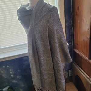 Vintage Kashmir Oversized 100% Wool Scarf Shawl Wrap Muffler Sari Grey Paisley